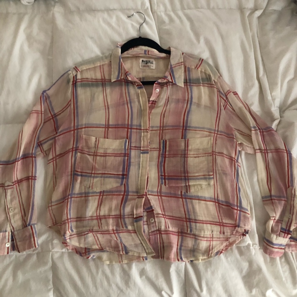 Sheer plaid button down blouse